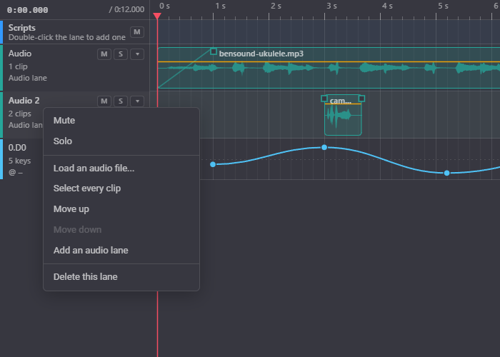 The right-click menu of an audio lane's header
