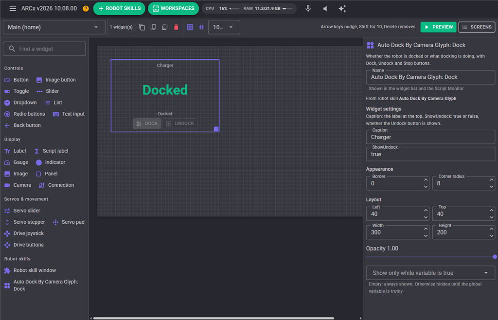 The Dock widget in the Custom UI designer
