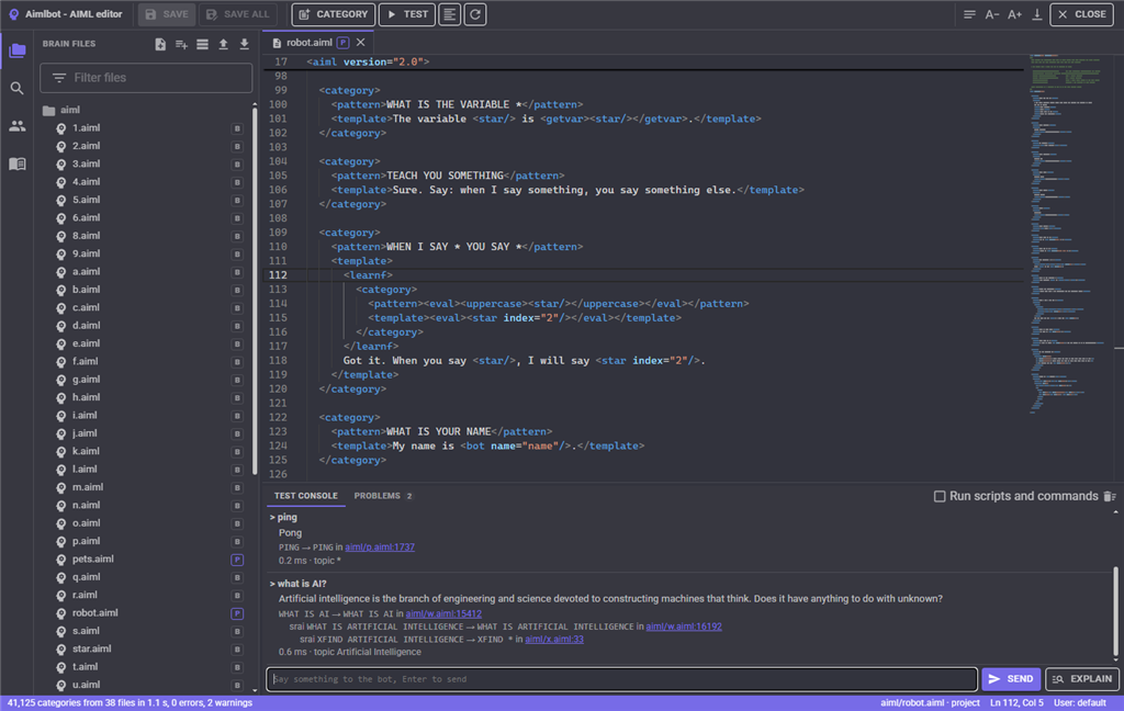 The AIML editor and its test console