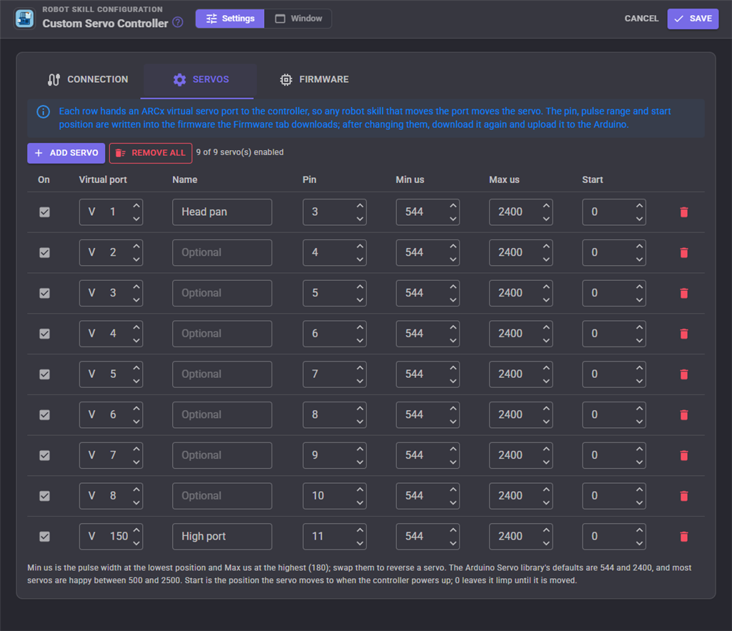 Servo settings
