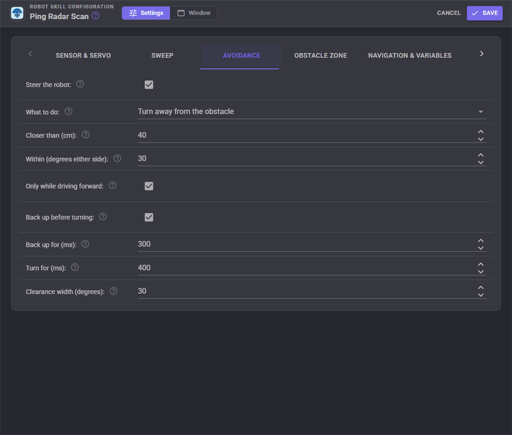 Avoidance settings