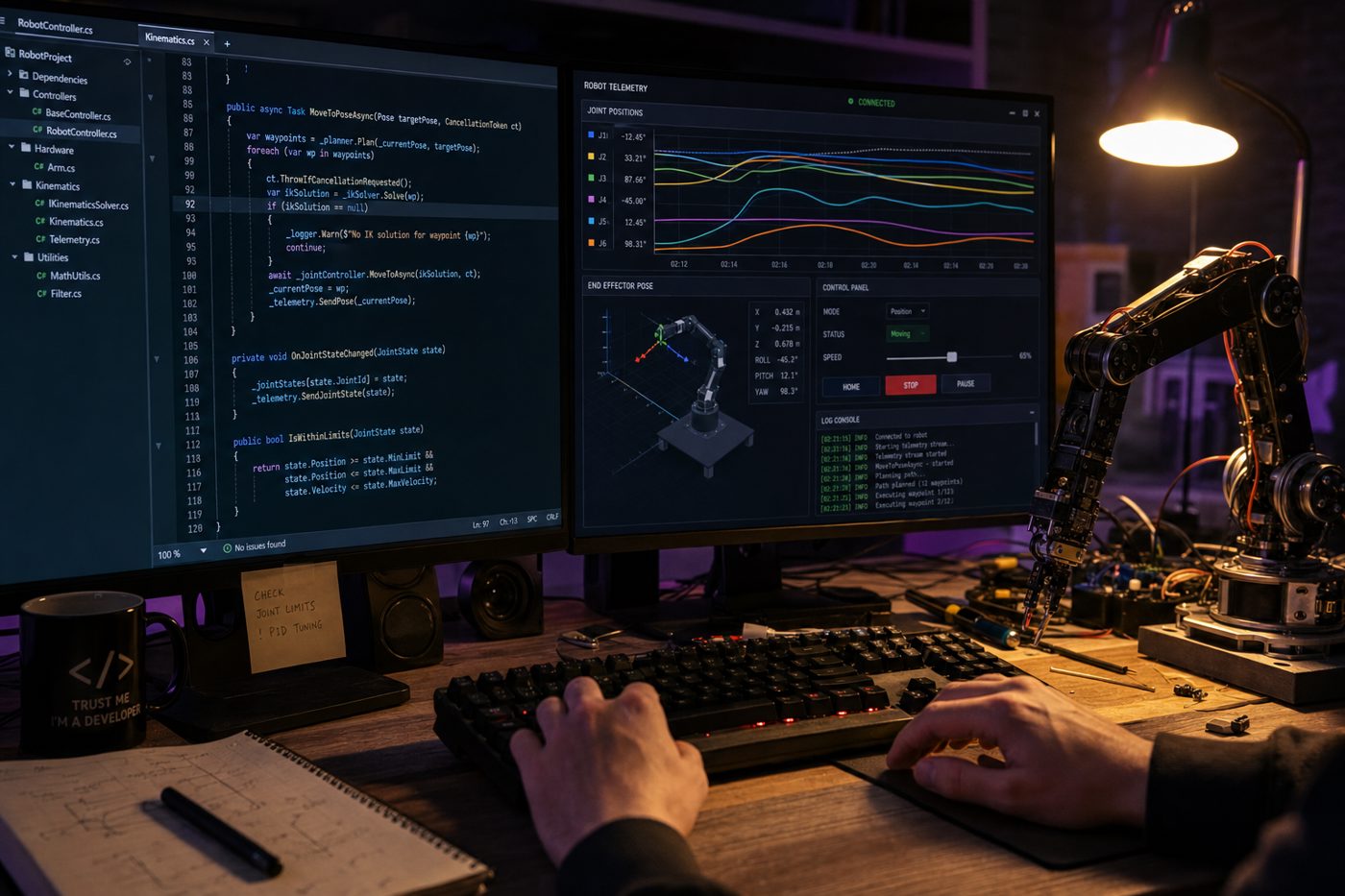 A developer debugging robot software on two monitors at night