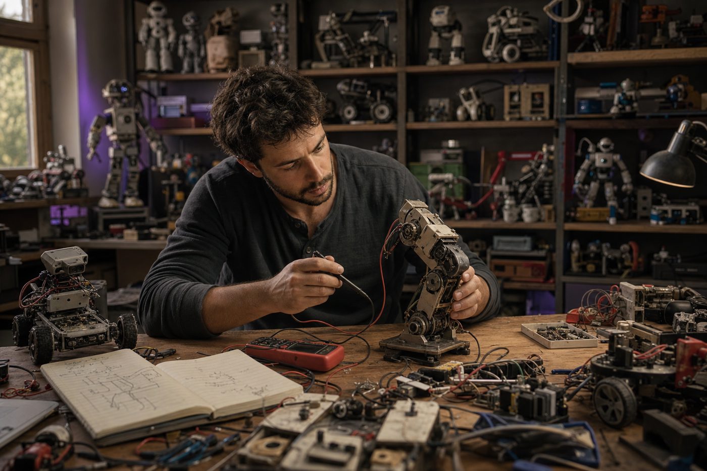 An experienced robotics engineer testing a robot arm in a workshop lined with robots built over many years