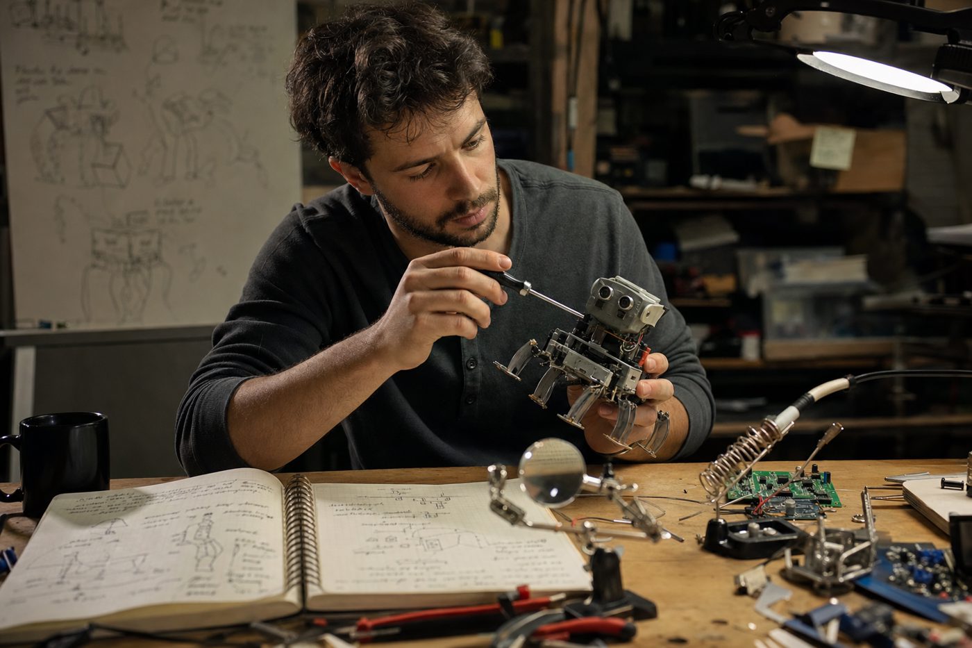 An engineer at a workbench studying a small robot beside handwritten sketches