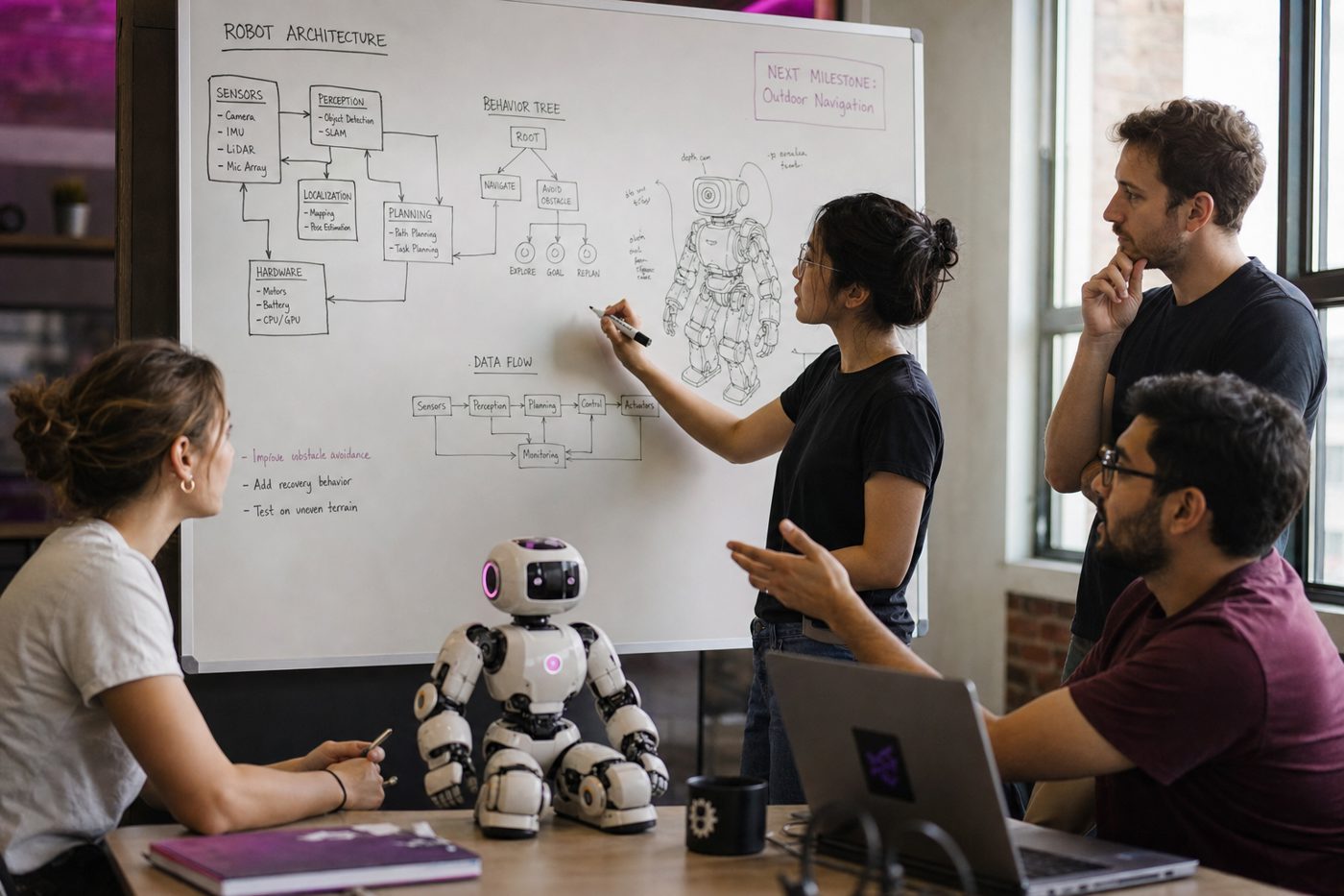 A team of engineers sketching robot architecture on a whiteboard