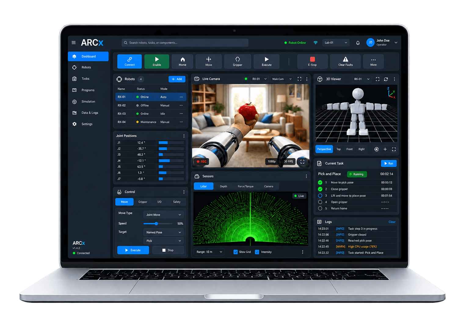 ARCx runs on the robot and is programmed from a laptop, tablet or phone browser