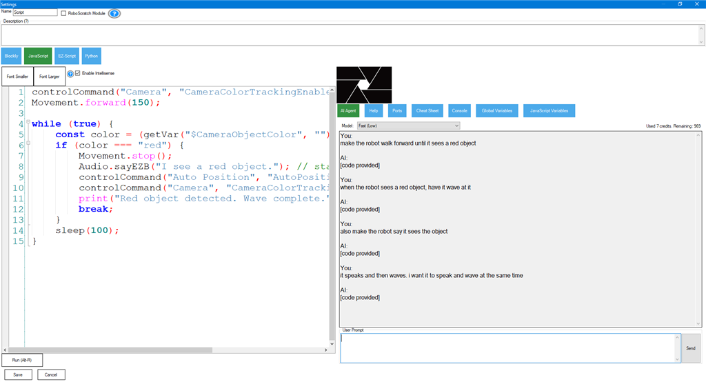 Synthiam ARC AI Script Assistant chat panel: a user prompt asking for a servo sweep script, with the assistant's JavaScript reply shown in a fenced code block alongside the ARC script editor
