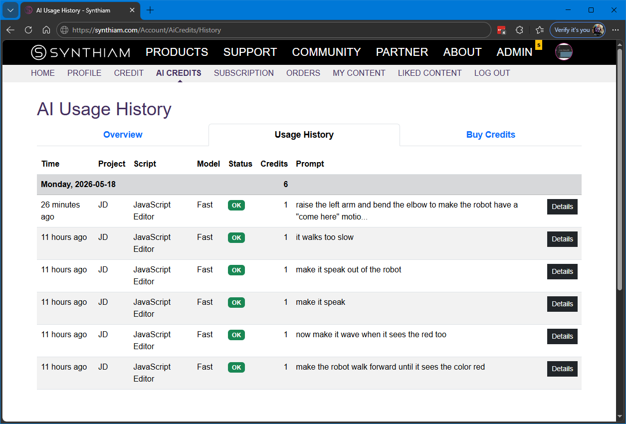 Synthiam ARC AI Script Assistant conversation history view: a sortable list of past assistant interactions grouped into sessions, each row showing project name, script name, model used, prompt preview, token count, and credits spent, with an expanded panel showing the full prompt, the attached ARC script context, and the assistant's code reply