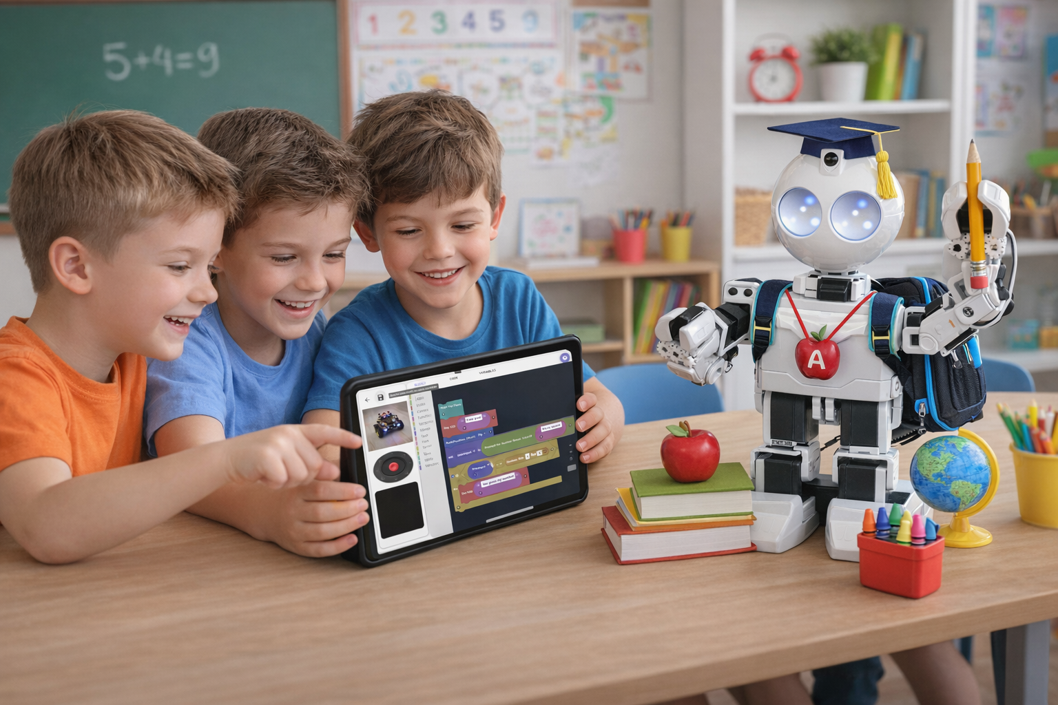 Children programming a robot in a classroom with ARC-Lite