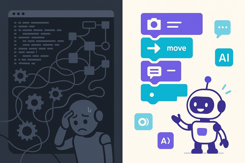 Side-by-side comparison of ROS and Synthiam ARC: on the left, a frustrated robot beside a dark terminal of dense code and tangled node graphs; on the right, a happy robot with simple drag-and-drop camera, movement, speech, and AI skill blocks