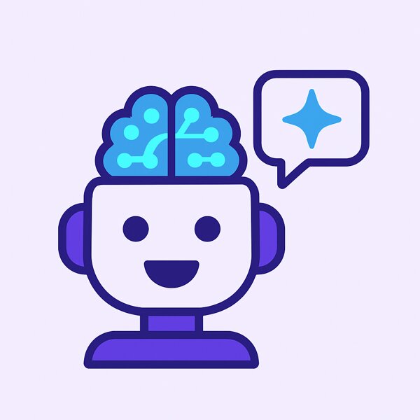 Robot head with a glowing AI brain and chat bubble, illustrating built-in AI and LLM integration
