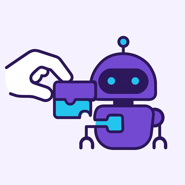 Hand dragging and dropping a skill block onto a robot, illustrating low-code visual programming
