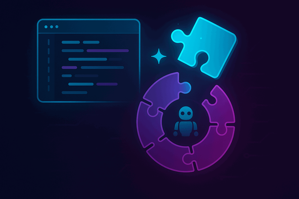A code editor producing a puzzle piece that fits into a ring of robot skills around a robot
