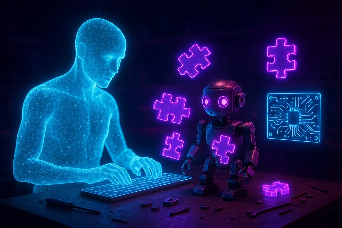 An AI agent made of light assembling a robot at a workbench while software modules and a firmware circuit board float around it