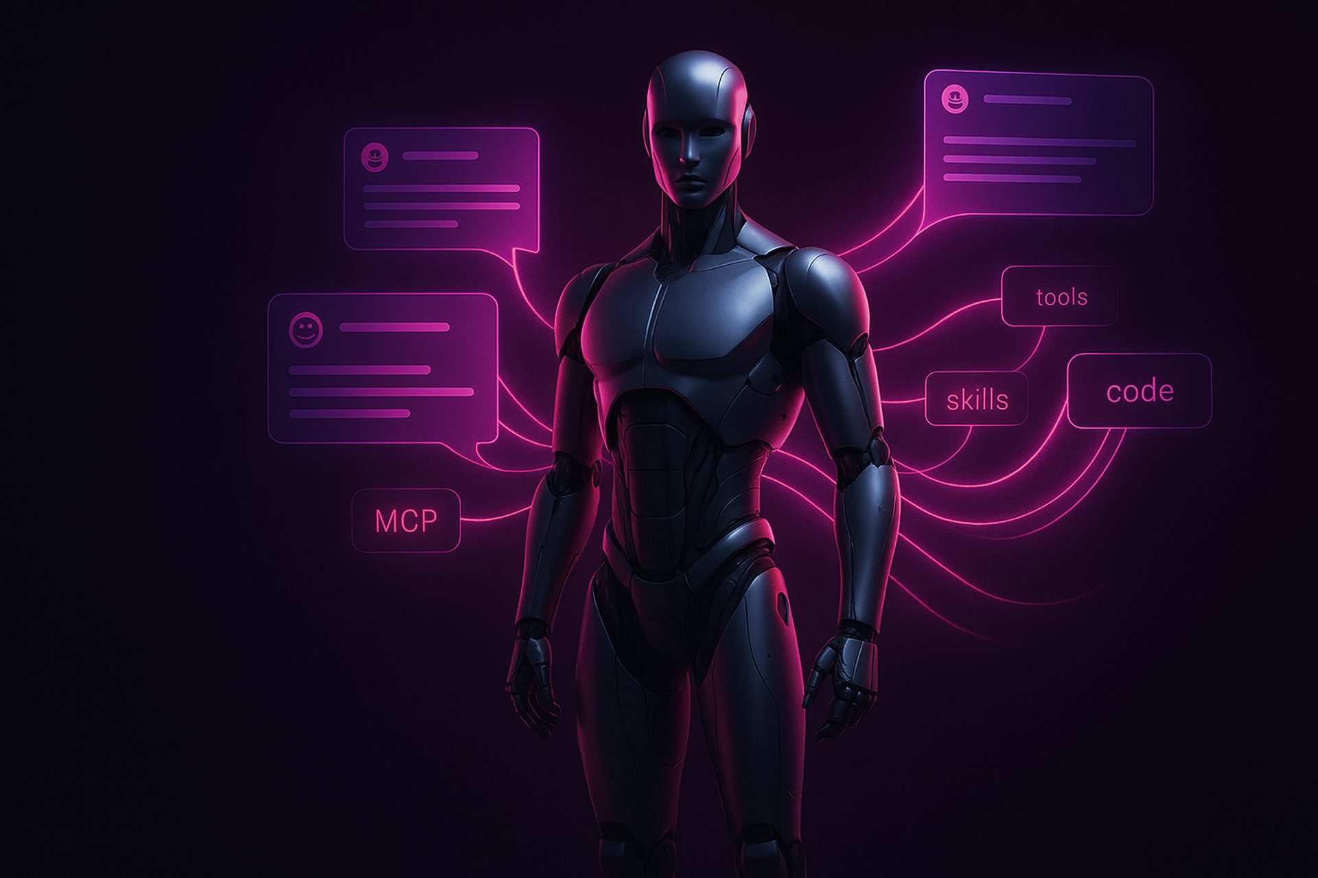 A humanoid robot connected by glowing data streams to AI assistant chat windows labelled MCP, tools, skills and code