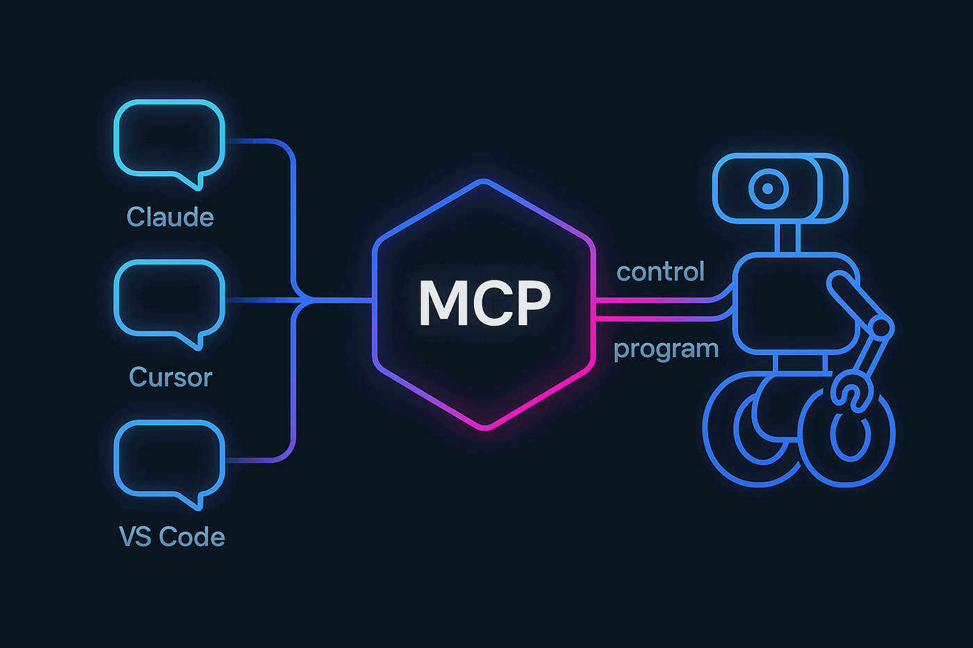 Diagram of AI clients such as Claude, Cursor and VS Code connecting through an MCP hub to a robot, with control and program links