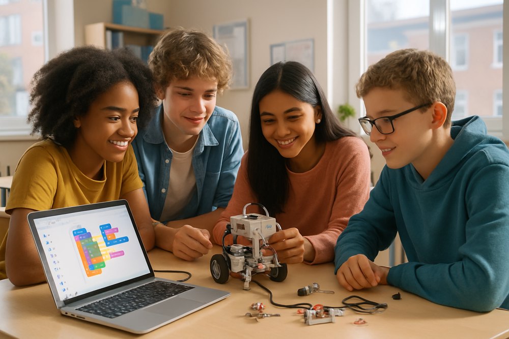 Diverse group of students gathered around a small robot they are building, with a laptop showing drag-and-drop block coding in a bright classroom