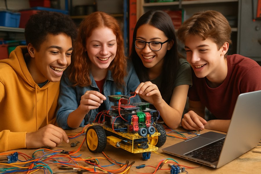 Teenagers in an after-school robotics club building a custom robot from Arduino and Raspberry Pi parts
