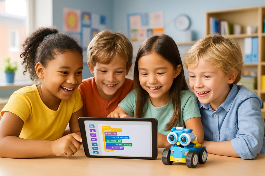 Young elementary school children programming a small friendly robot on a tablet with block-based coding