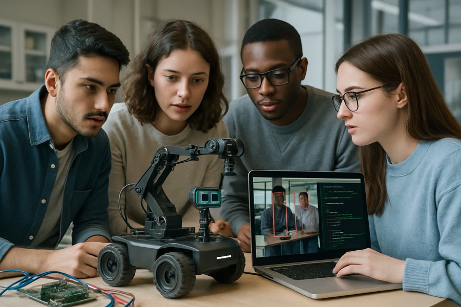 University students working on an autonomous robot with a camera and robotic arm, laptop showing computer vision and code